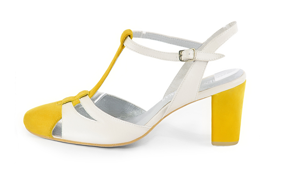 French elegance and refinement for these yellow and off white dress open back T-strap shoes, 
                available in many subtle leather and colour combinations. Its comfortable fit will accompany you until the end of the night.
Its charming, playful cutout gives you plenty of customization options.  
                Matching clutches for parties, ceremonies and weddings.   
                You can customize these shoes to perfectly match your tastes or needs, and have a unique model.  
                Choice of leathers, colours, knots and heels. 
                Wide range of materials and shades carefully chosen.  
                Rich collection of flat, low, mid and high heels.  
                Small and large shoe sizes - Florence KOOIJMAN